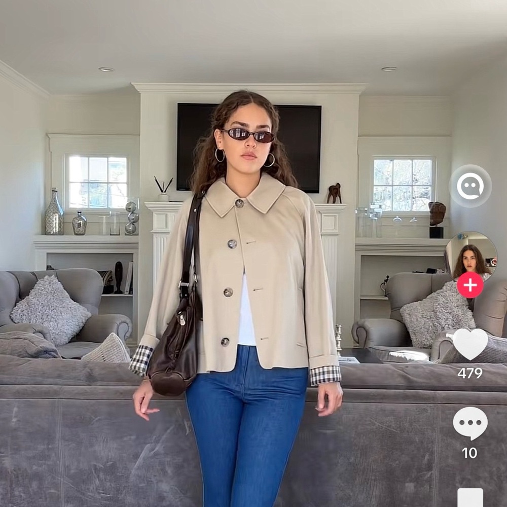 Sezane Bobby Jacket, Light Beige & Gingham, Oversized Cropped Trench, NWT Size 2 - Picture 12 of 16